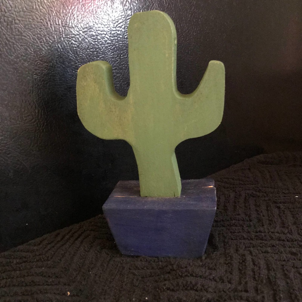 Wooden Cactus Handmade painted Green with Blue Base 8"